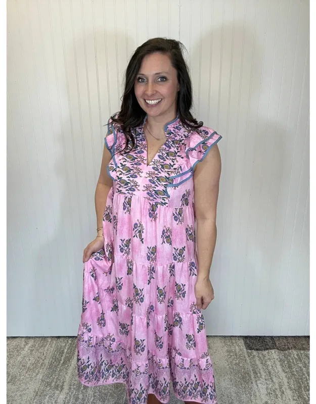 Tiered Midi Dress With Ruffle Sleeve