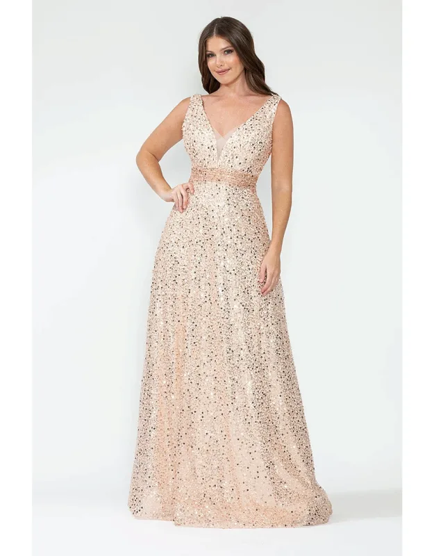 Sequin A-line Evening Gown With Deep V-neck And Glitter Beaded Waist