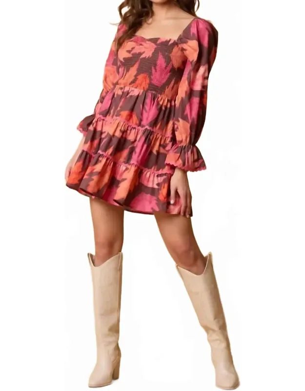 Long Sleeve Leaf Print Dress