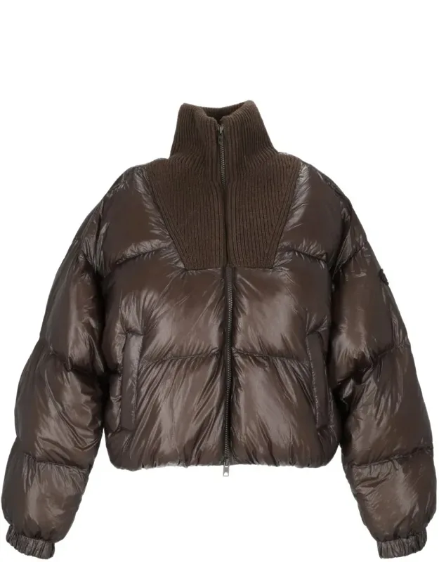 Cropped Puffer Coat With Ribbed Knit Collar