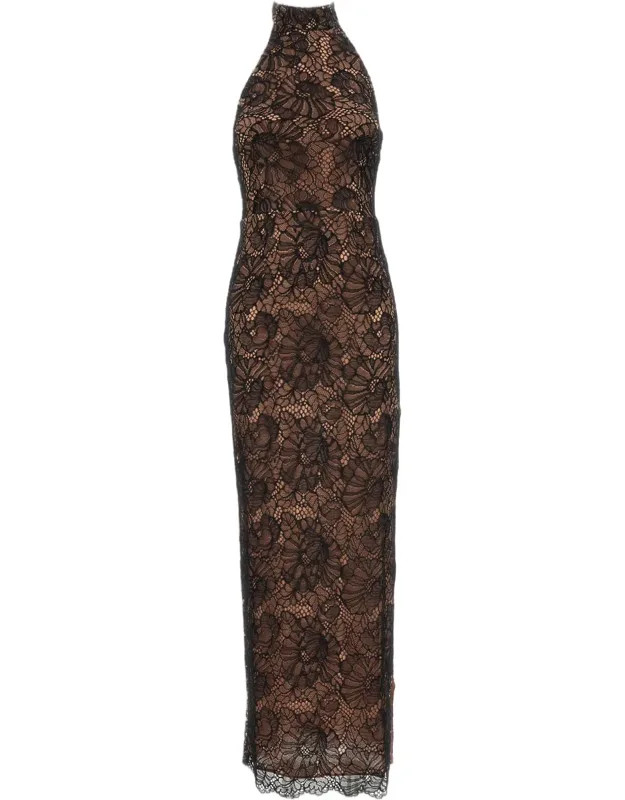 Floor-length Floral Lace Halterneck Dress With Scalloped Hemline