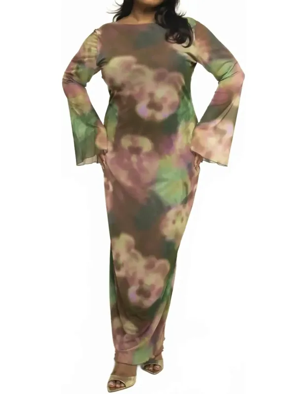 Long Sleeve Floral Print Mesh Maxi Dress
