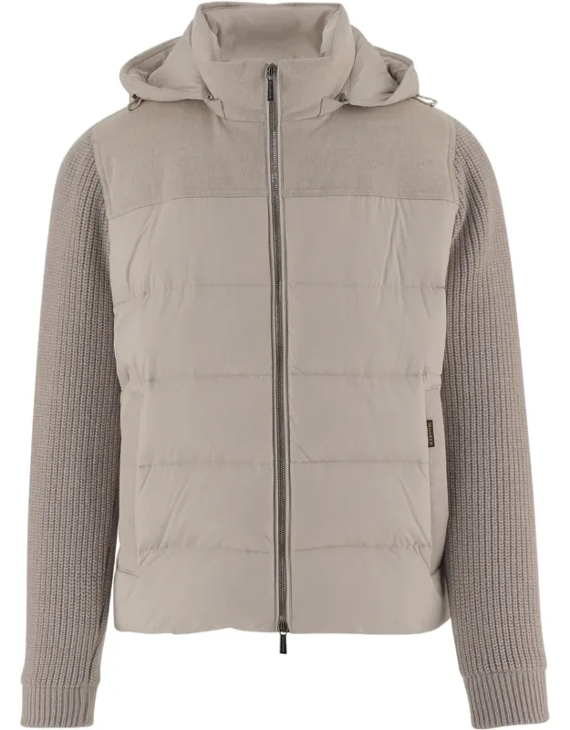 Padded Jacket With Knitted Sleeves And Attached Hood