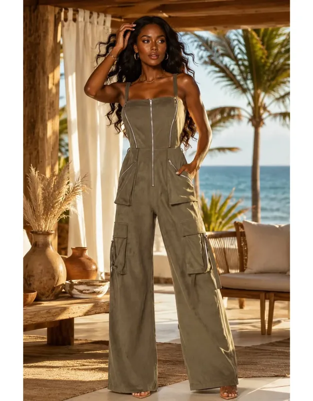 Zip Front Utility Cargo Wide Leg Jumpsuit