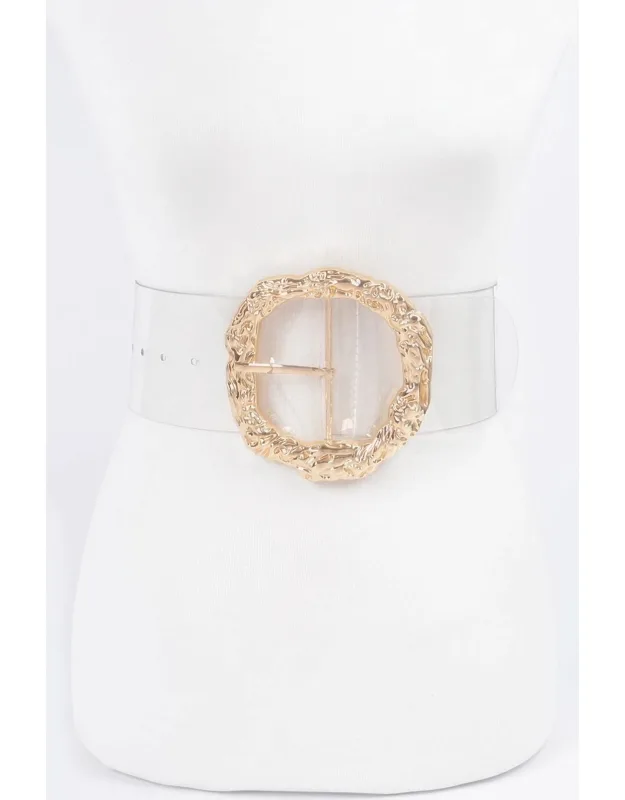 Big Vintage Round Metal Buckle Clear Belt - Oversized Vintage-style Buckle, Wide Transparent Strap