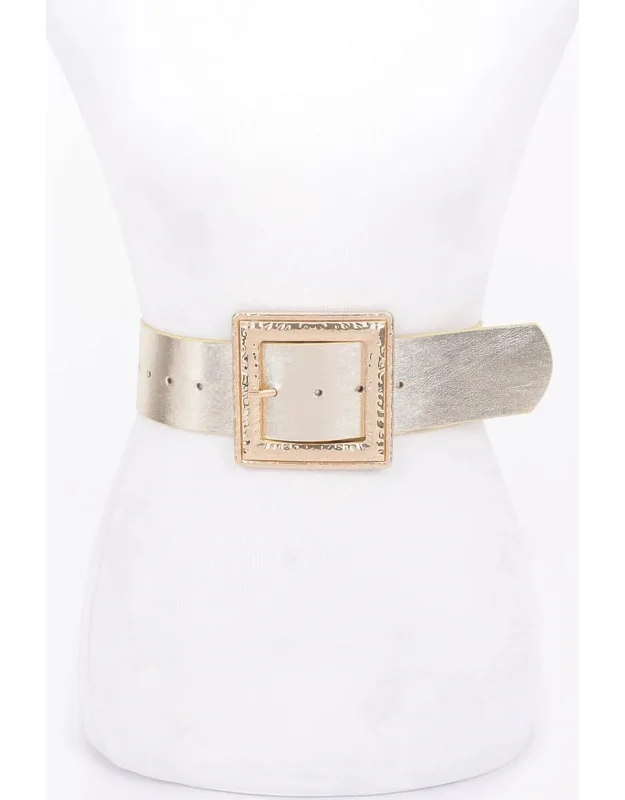 Hammered Metal Buckle Stretch Belt - Durable Polyurethane, Adjustable Fit