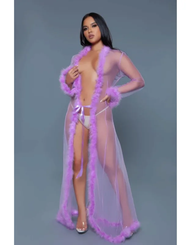 Marabou Robe - Sheer Lightweight Mesh, Faux Fur Trim