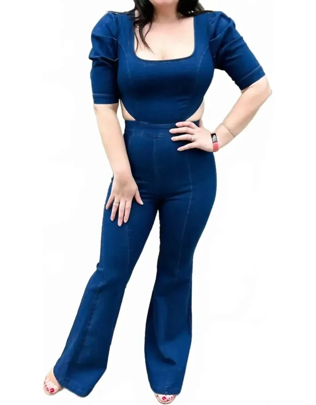 Square Neckline Denim Jumpsuit