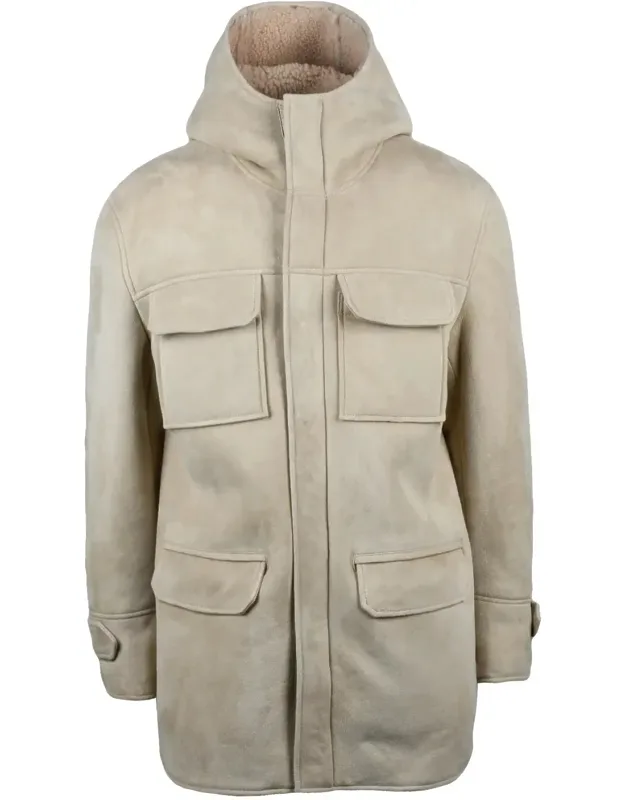 Shearling Leather Jacket With Hood And Multi-pocket Design