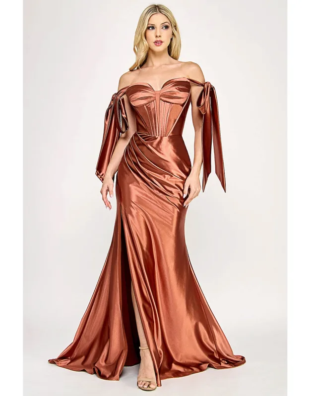 Satin Off-shoulder Corset Gown With Draped Skirt & Side Slit