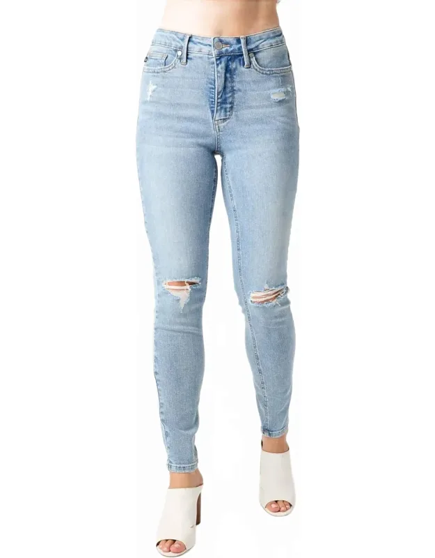 Mid Rise Tummy Control Destroyed Skinny Jeans