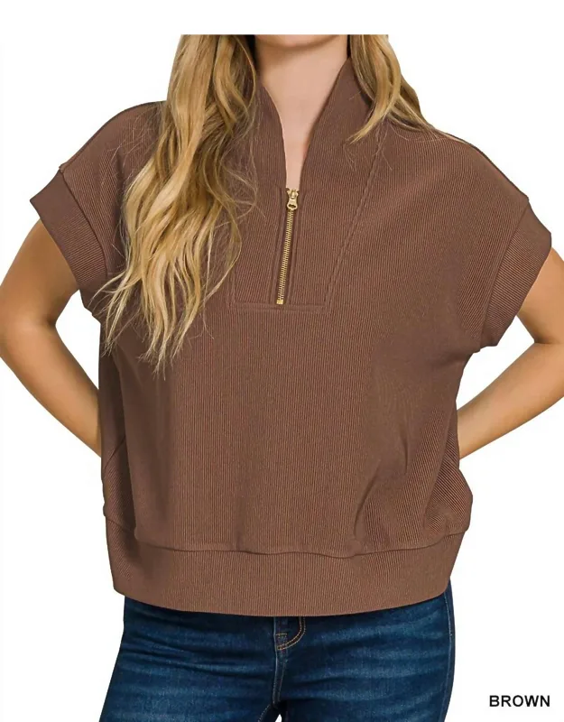 Tulip Collar Quarter Zip Cap Sleeve Ribbed Pullover