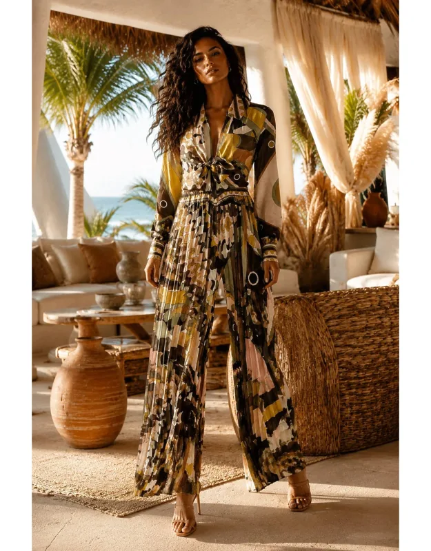 Abstract Print Pleated Wide Leg Jumpsuit