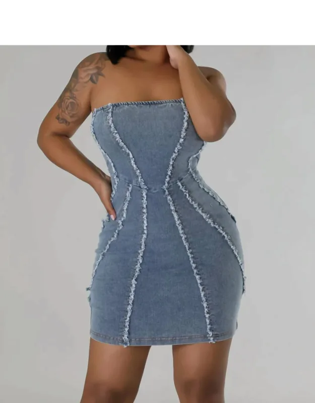 Raw Cut Line Trim Strapless Bodycon Denim Dress