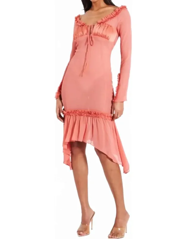 Tiered Ruffle Sleeve Sheer And Satin Midi Dress