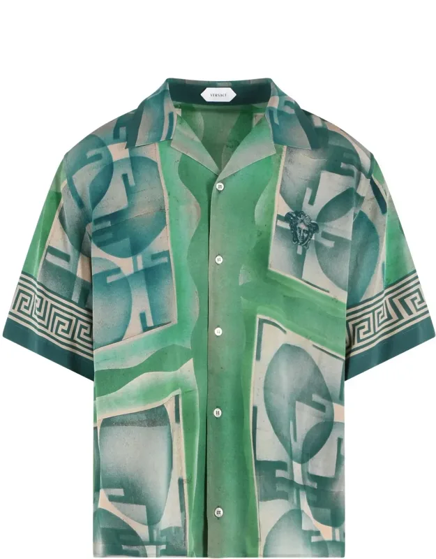 Short-sleeve Silk Shirt With Geometric Print