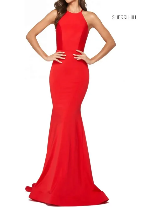 Halter Jersey Open Back Ruched Gown