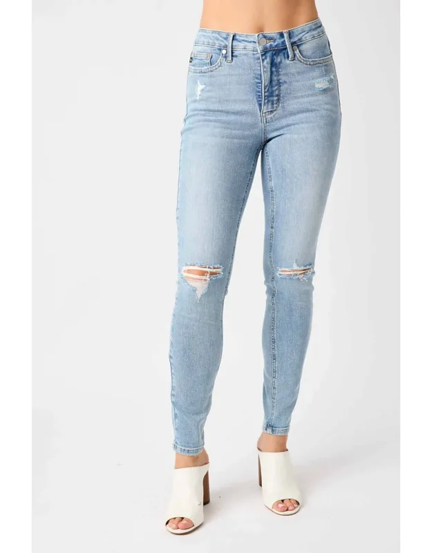 Mid-rise Tummy Control Distressed Skinny Jeans