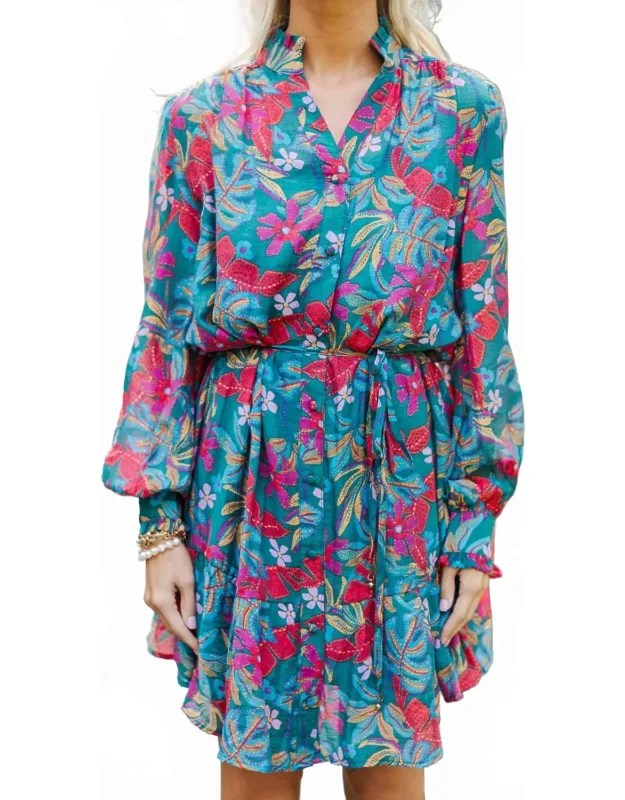 Print Tencel Blend Split Neck Dress