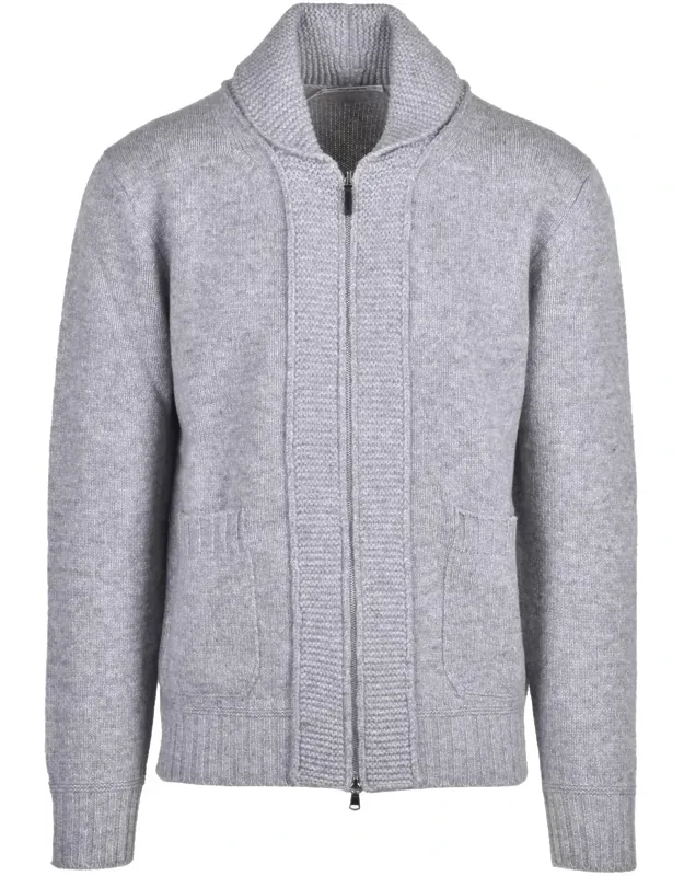 Light Grey Wool Zip Jacket With Textured Knit And Ribbed Details