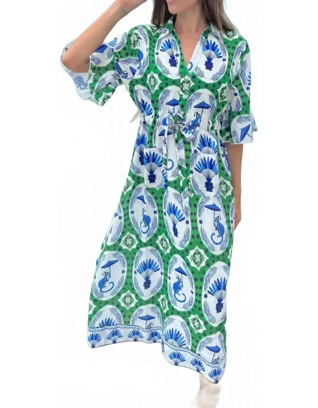 Cape Midi Dress In Chinoiserie With Three-quarter Sleeves And Drawstring Belt