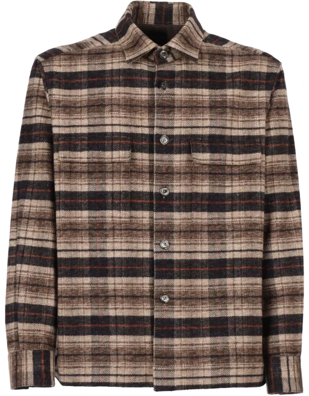 Plaid Button-up Shirt With Stand Collar And Chest Pockets
