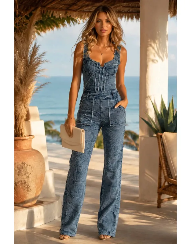 Vintage Wash Denim Straight Leg Jumpsuit