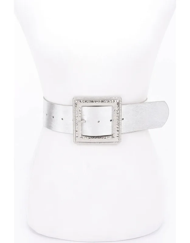 Hammered Metal Buckle Stretch Belt - Durable Polyurethane, Adjustable Fit