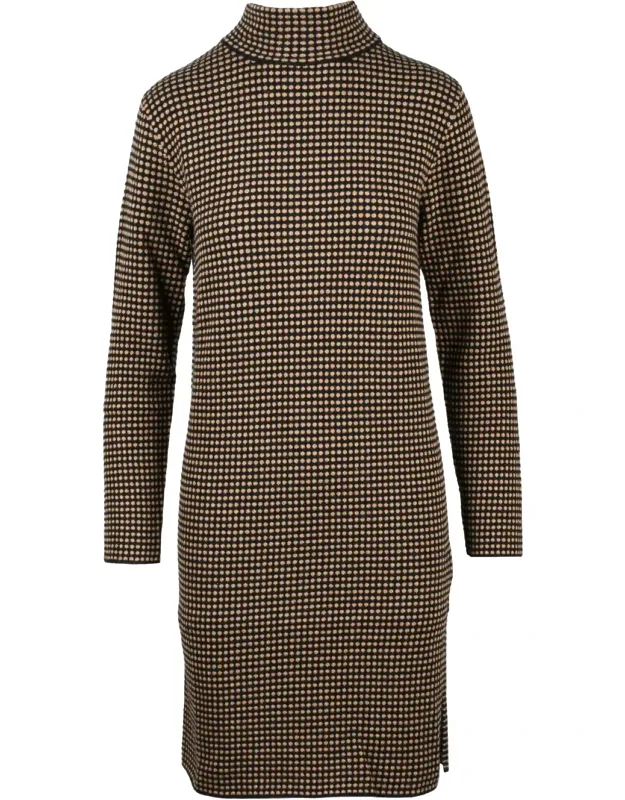 High Neck Knit Dress With Checkered Pattern And Side Slits