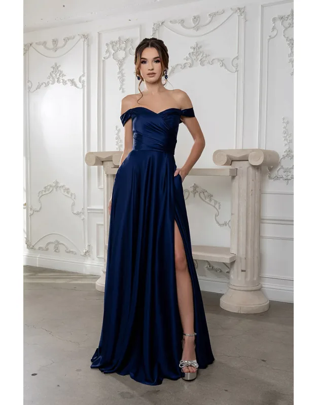 Off Shoulder Satin Dress With High Slit Pockets And Corset Lace-up Back