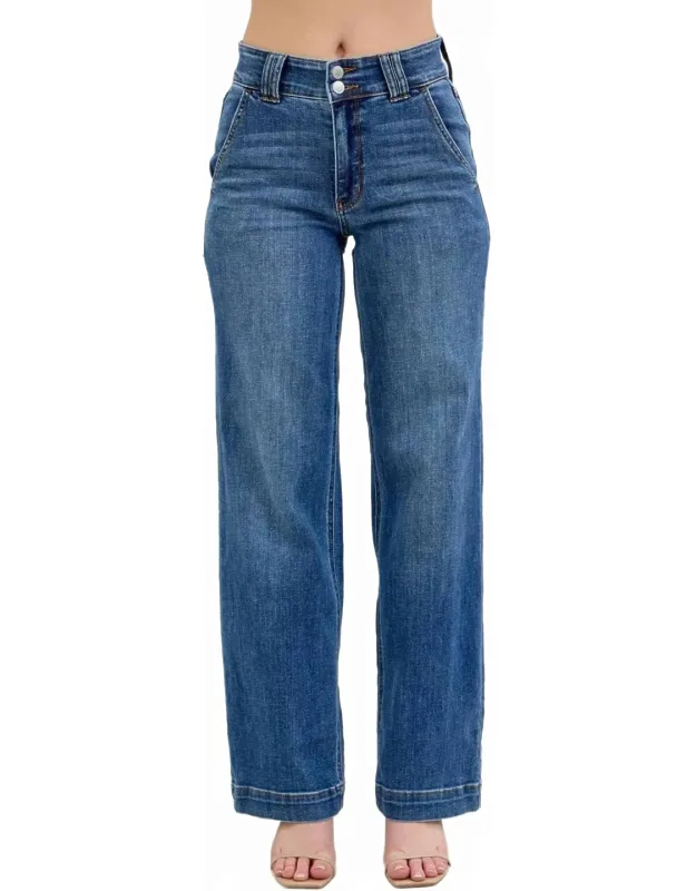High Waist Double Button Wide Leg Jeans