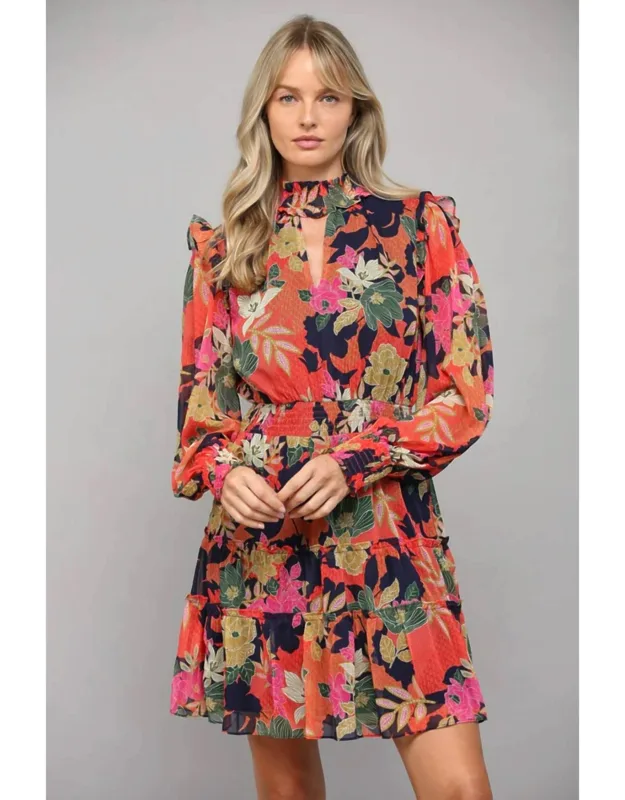 Floral Print Front Keyhole Tiered Mini Dress