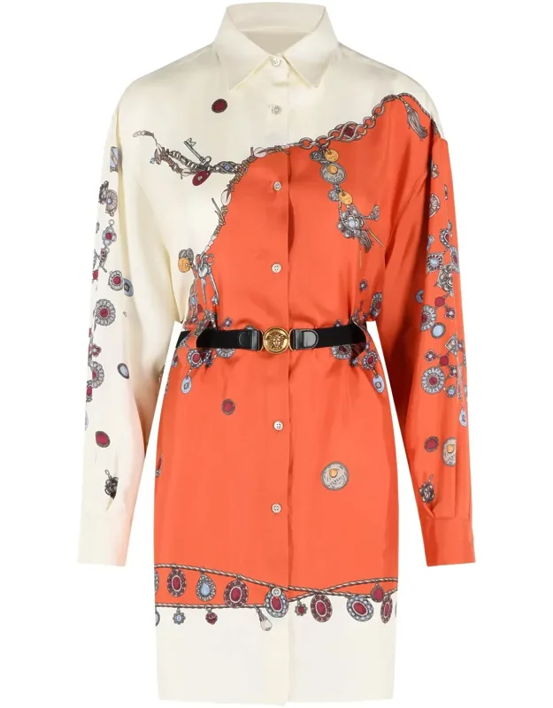 Silk Mini Dress With Pointed Collar And Abstract Pattern