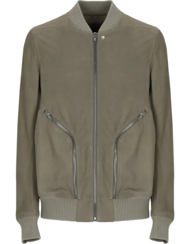 Leather Bomber Jacket With Choker Collar And Ribbed Details