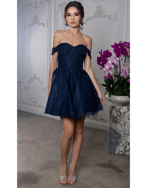 Off Shoulder Beaded Lace Appliqué Cocktail Dress Glitter Tulle A-line Dress