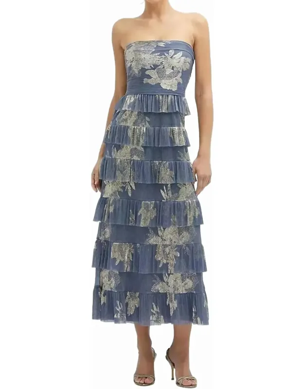 After Six Sophia Midi Dress In French Blue Gold Foil