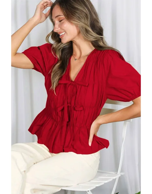 Subtle Elasticized Detailing Blouse With Front Tie
