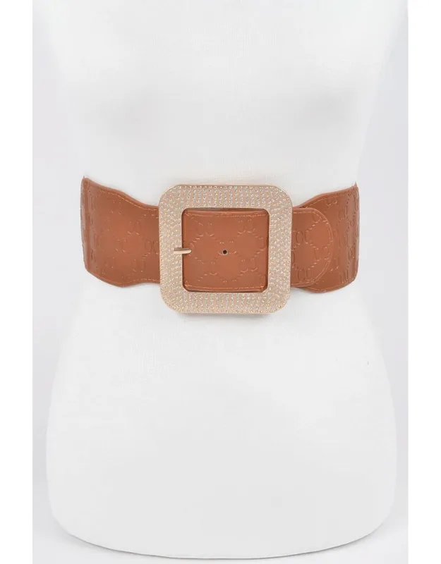 Big Rhinestone Buckle Embossed Elastic Belt With Stretch Construction And Textured Finish