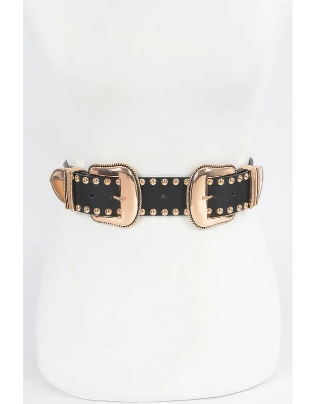 _studded Double Buckle Belt With Edgy Detailing And Structured Silhouette_