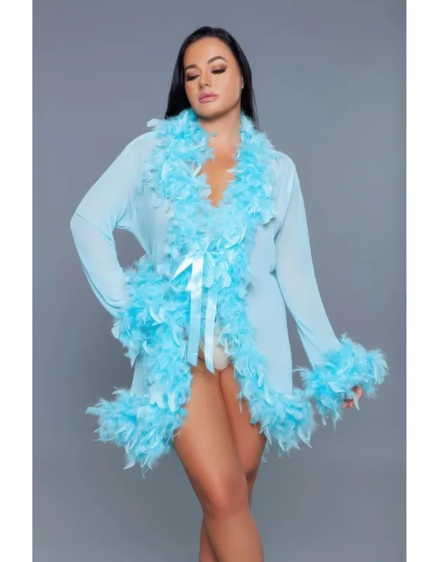 Lux Robe With Feather Boa Trim And Satin Ribbon Tie