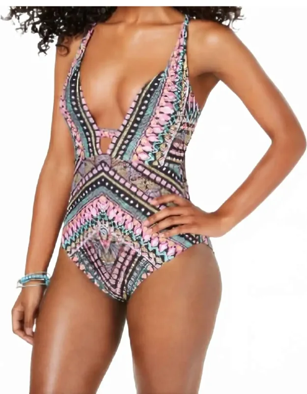 Printed Plunging One Piece Tummy Control Swimsuit