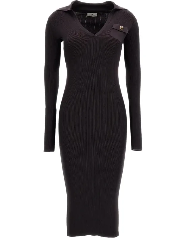 Ribbed Stretch Knit Midi Dress With Pointed Collar And Gold-tone Logo