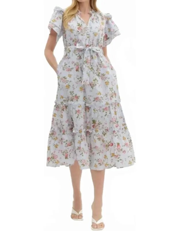 Floral Dress With Puff Sleeves And Removable Self-belt