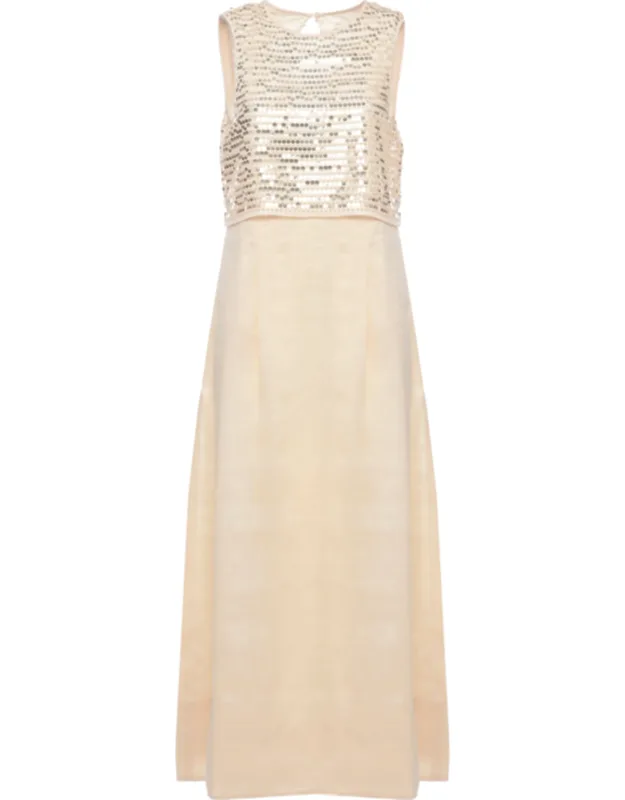 Linen And Silk Midi Dress With Sequined Top