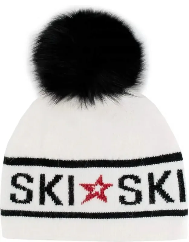 Knit Ski Hat With Fox Pom