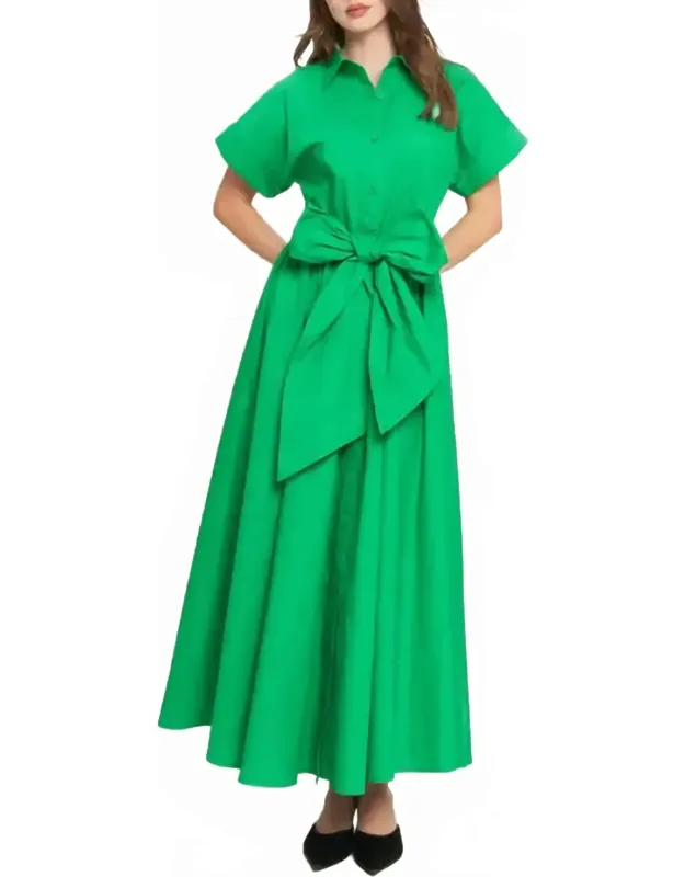 Tie Waist Bow Cotton Button Front Maxi Shirt Dress
