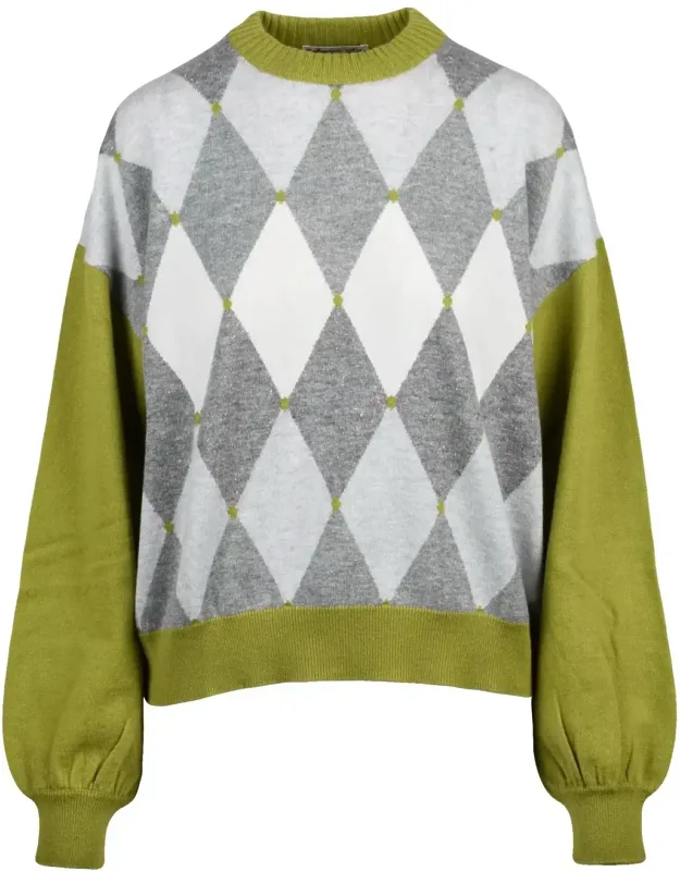 Crewneck Sweater With Bold Argyle Pattern And Puff Sleeves