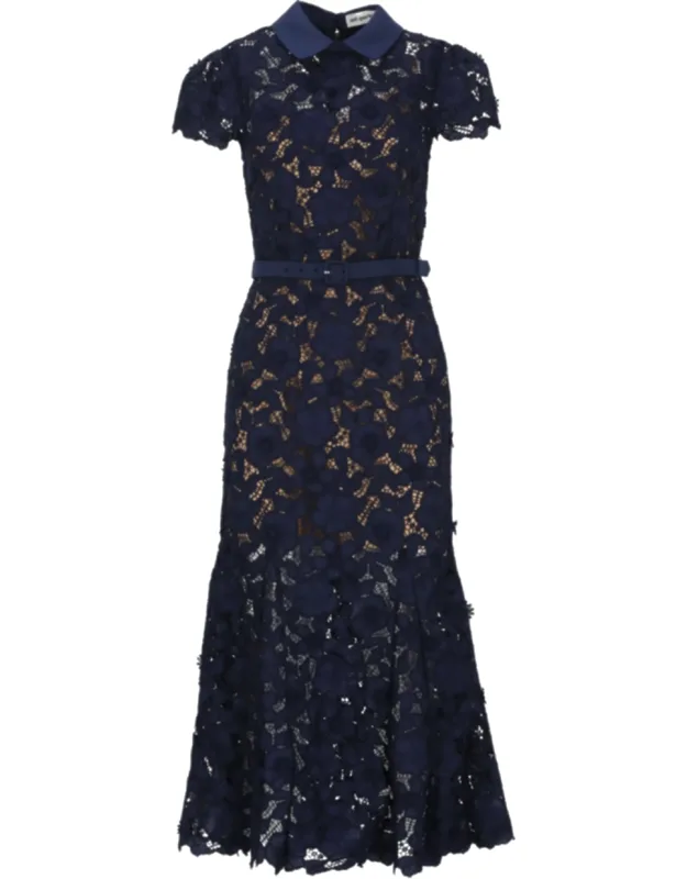 Intricate Guipure Lace Midi Dress With Classic Collar