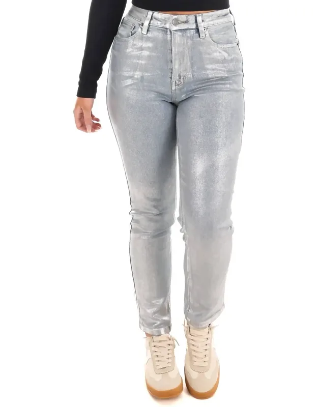 High Rise Metallic Straight Jeans