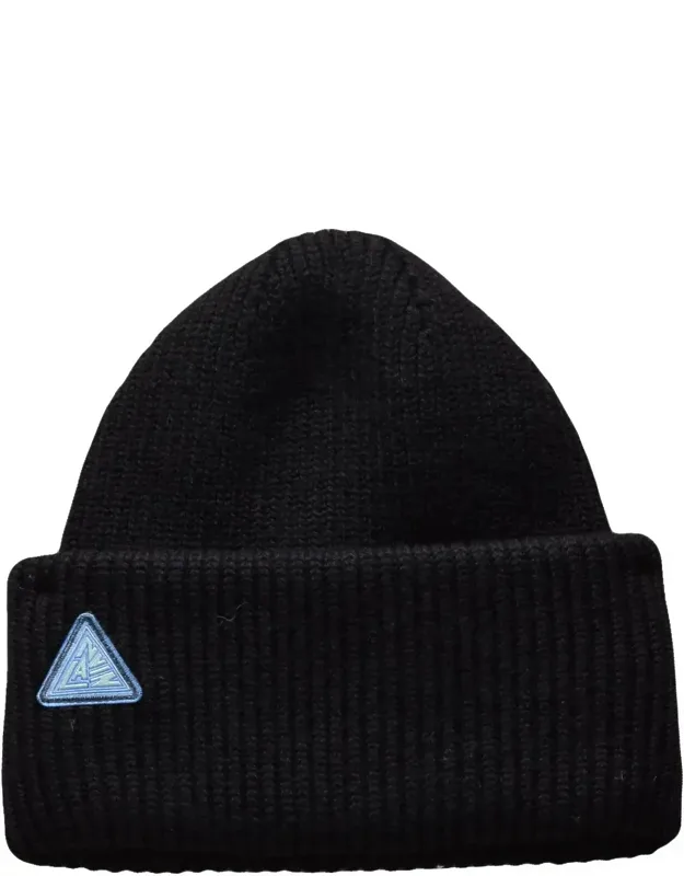 Ribbed Knit Beanie With Folded Cuff And Triangular Patch Detail
